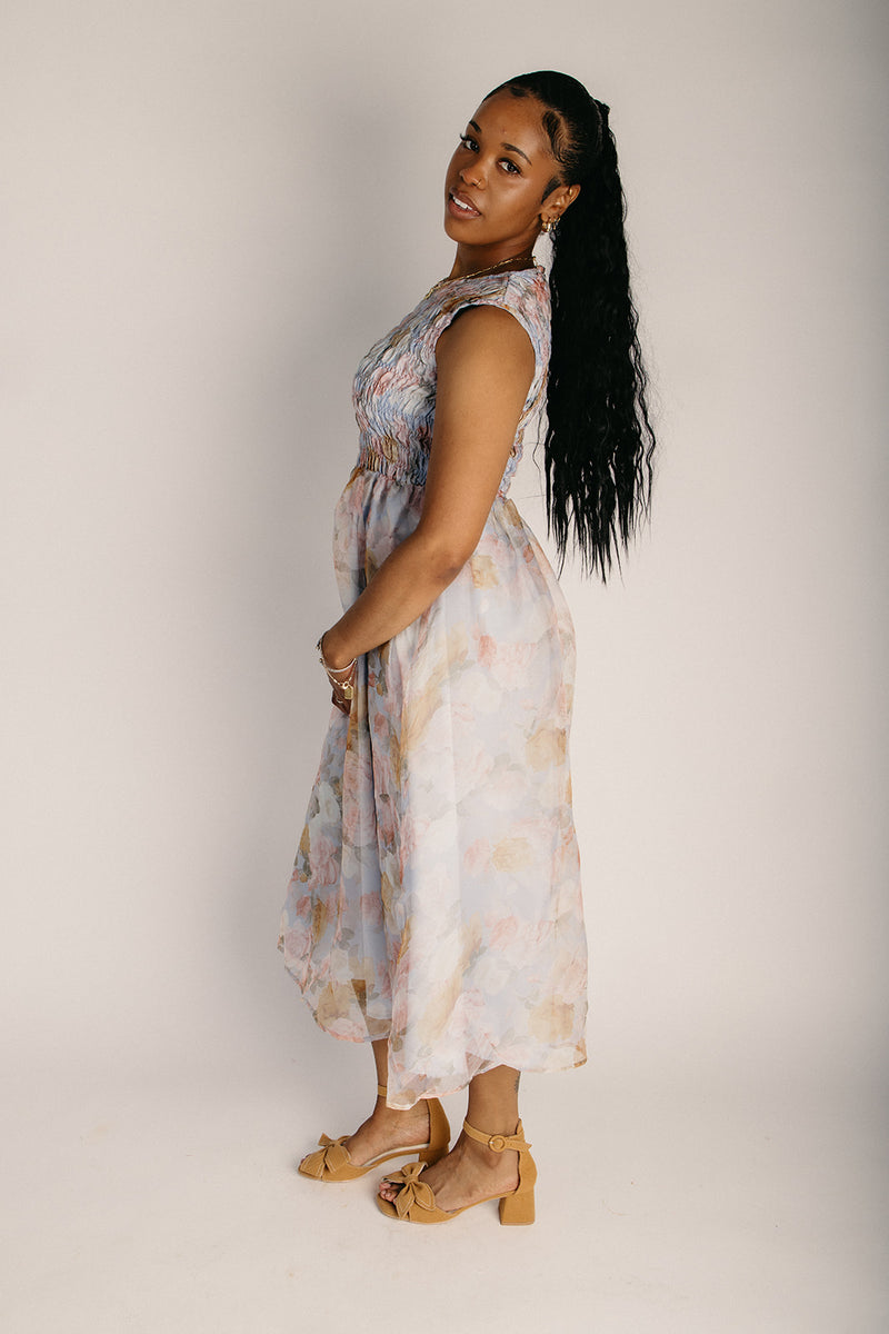 The Staton Smocked Bodice Tank Midi Dress in Blue Multi Large
