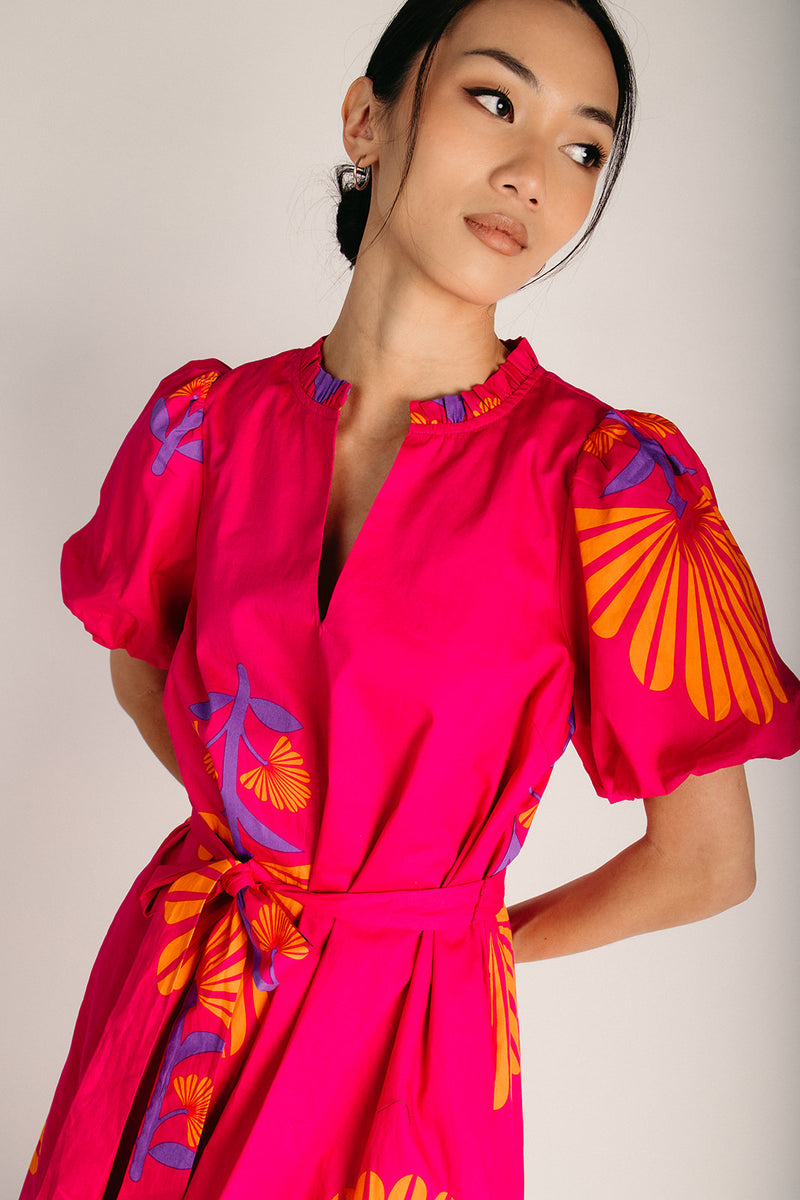 orange and fuchsia dress The Elaris Floral Button-Up Midi in + Multi Small The patchwork print adds a unique touch while the midi length and belt detail provide a flattering silhouette Zapaka Women A-Line Maxi Dress