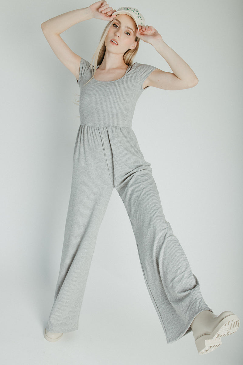 The Vecina Ribbed Jumpsuit in Heather Grey