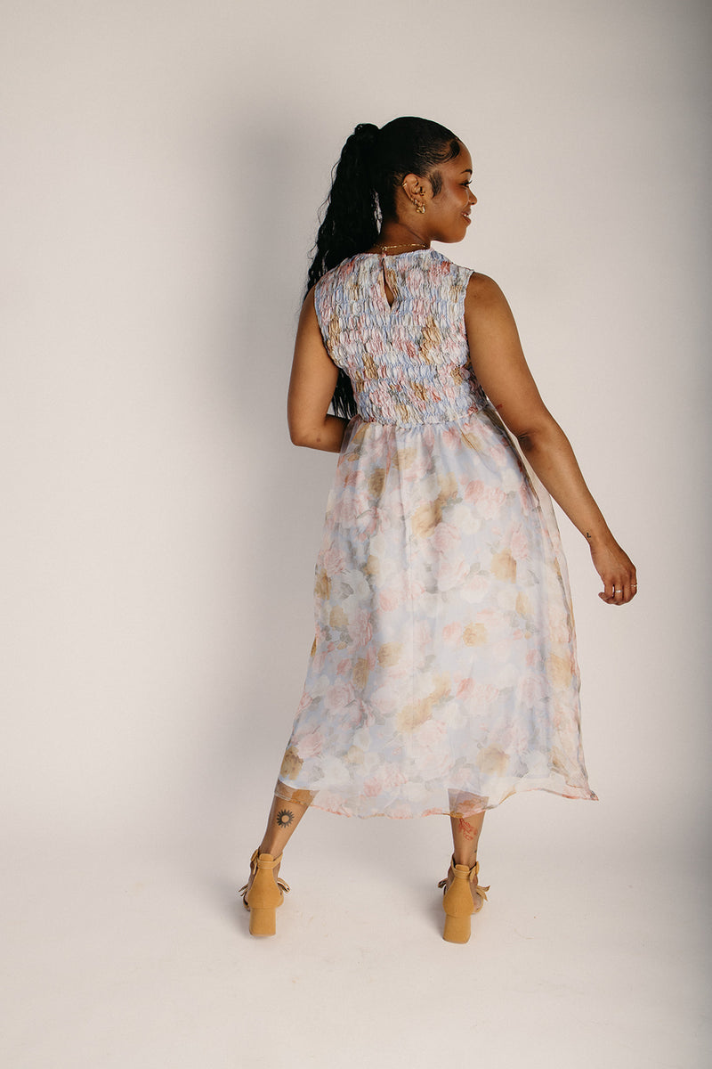 The Staton Smocked Bodice Tank Midi Dress in Blue Multi Large