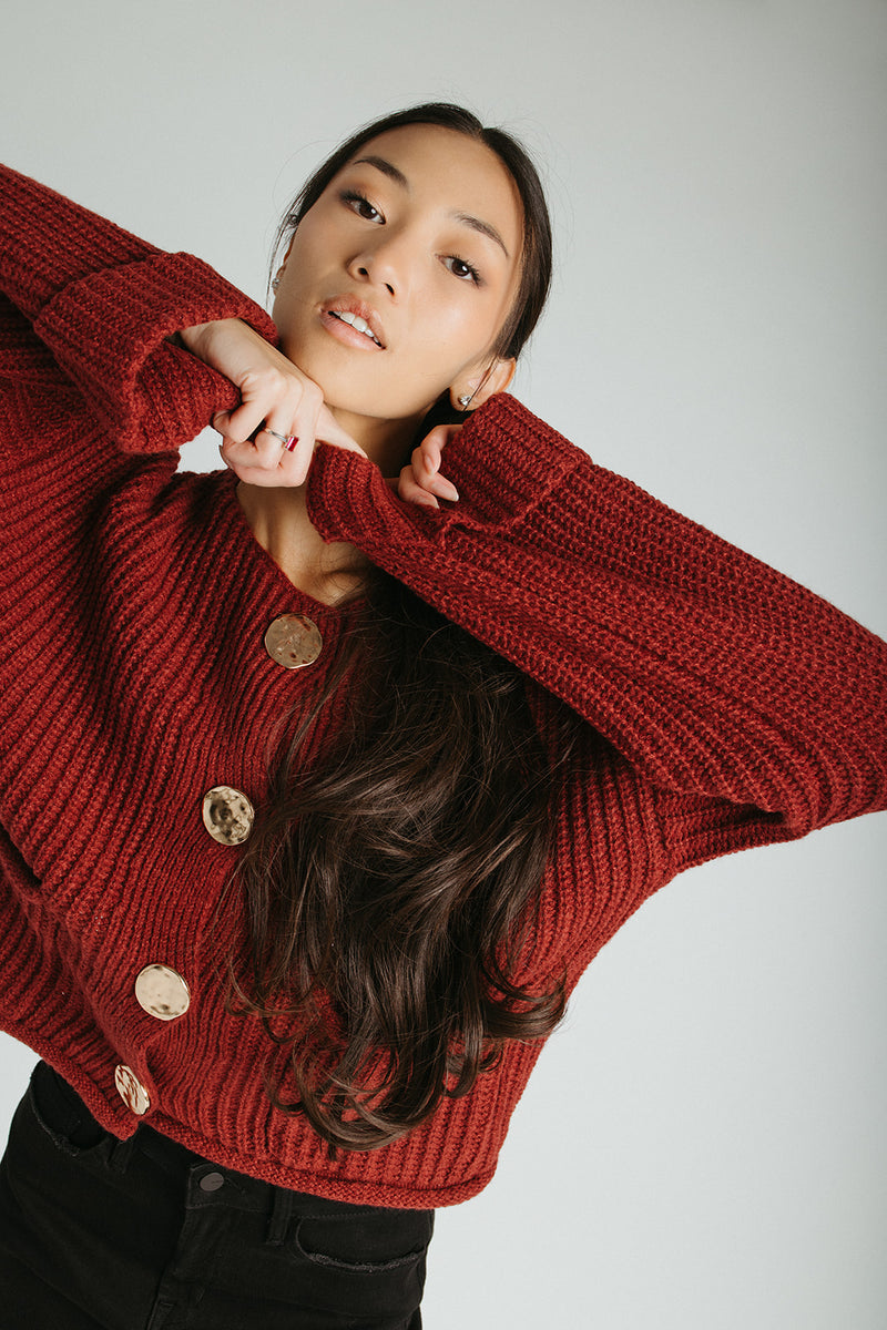 The Jeanette Button Front Cardigan in Burgundy