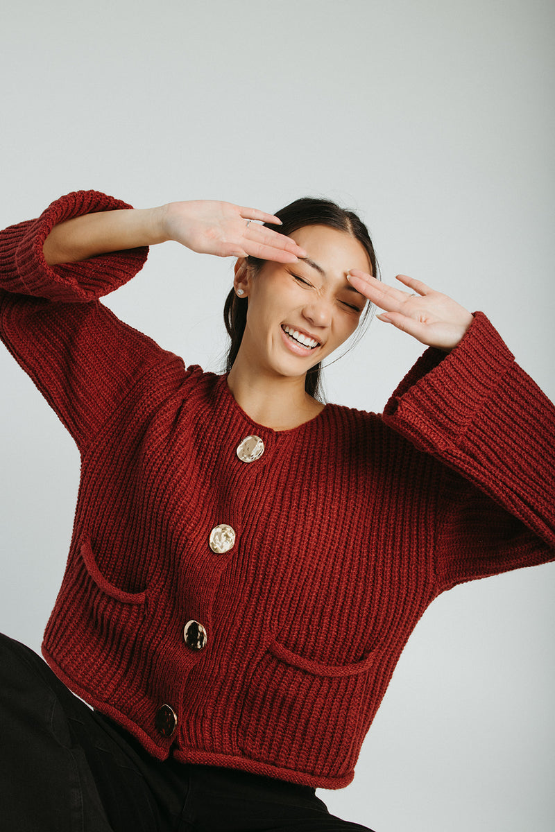 The Jeanette Button Front Cardigan in Burgundy