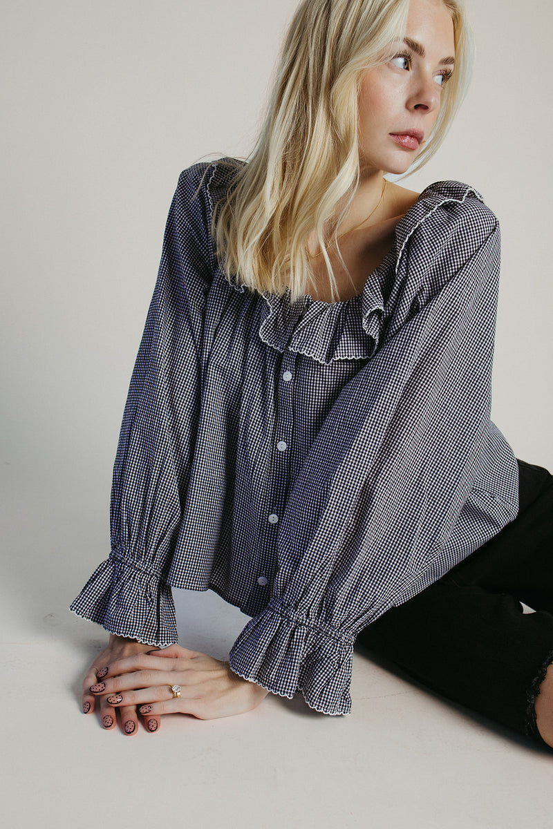 The Donaldson Gingham Ruffle Blouse in Black
