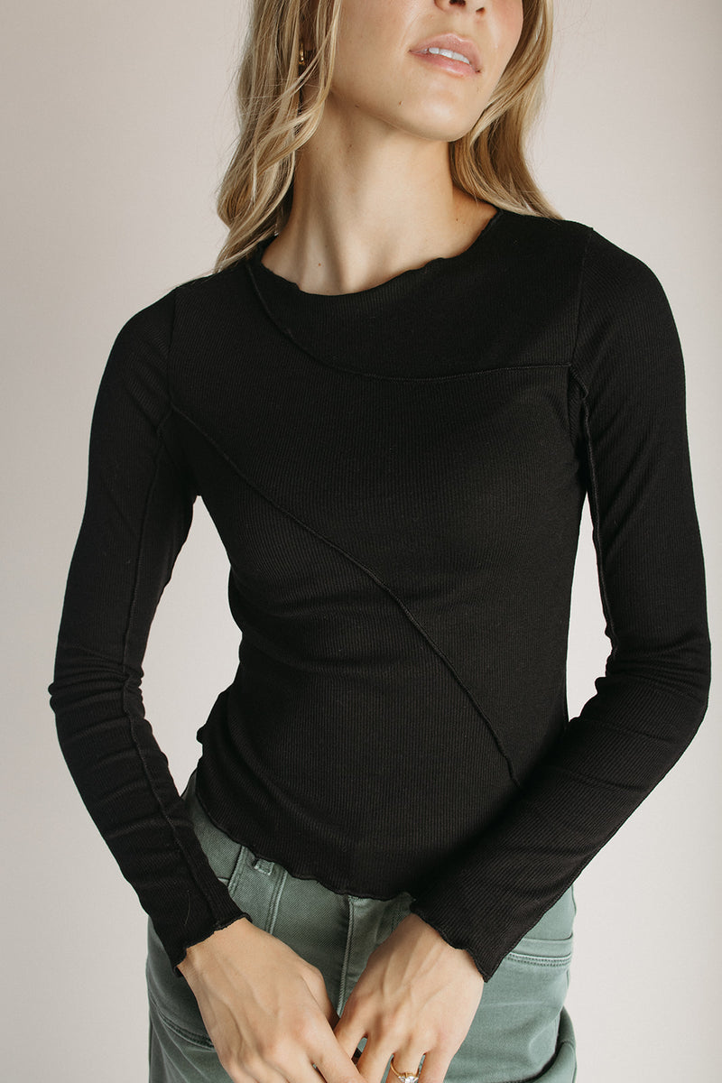 The Ginny Asymmetrical Long Sleeve Tee in Black