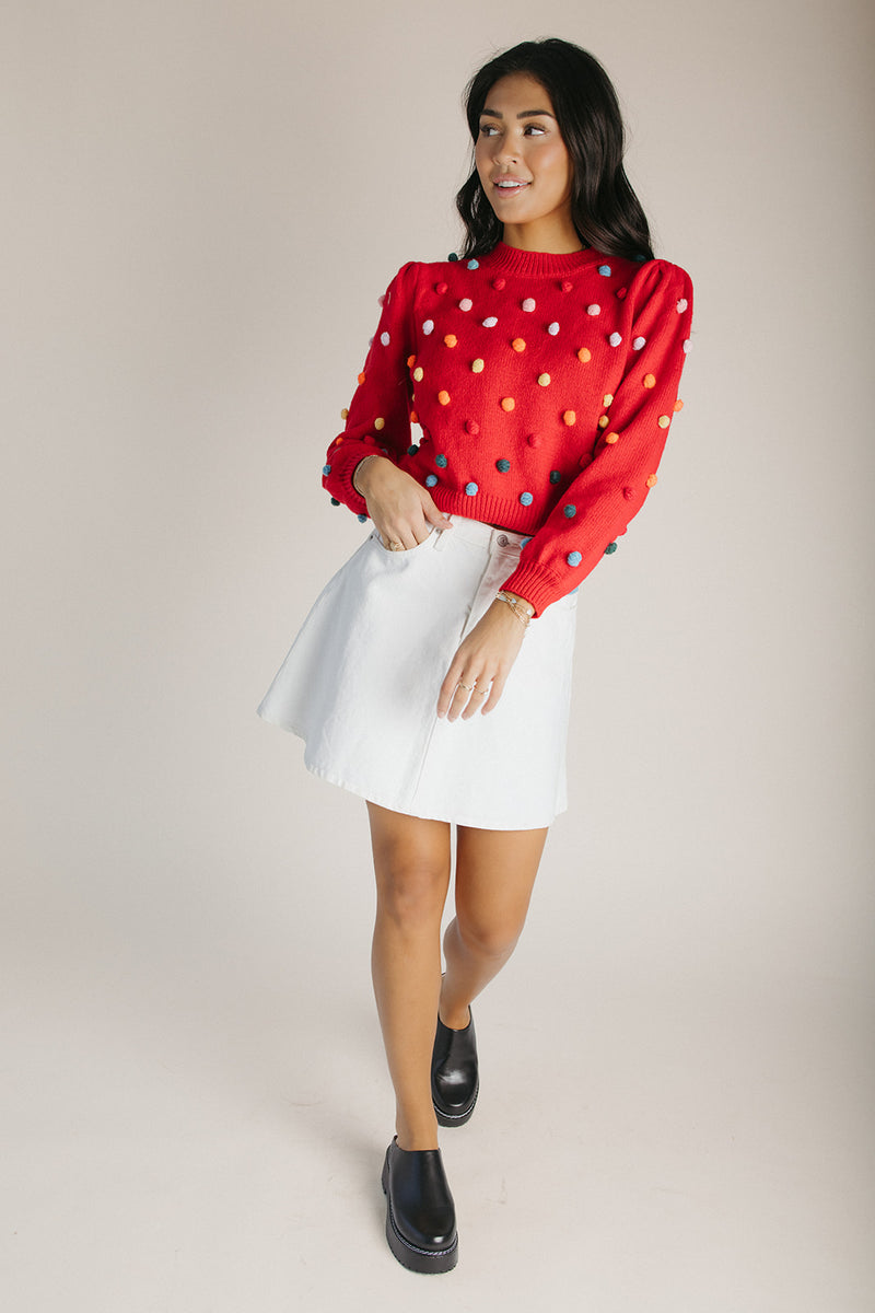 The Halls PomPom Knit Sweater in Red