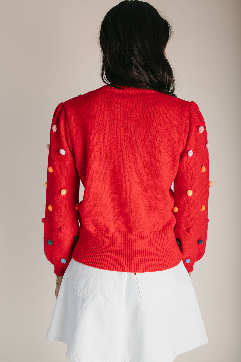 The Halls PomPom Knit Sweater in Red