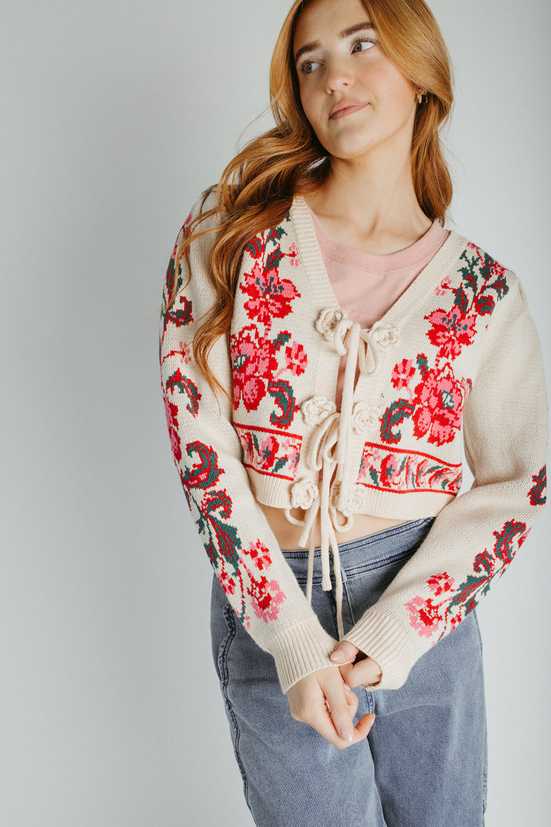 The Callie Floral Cardigan in Ivory + Red