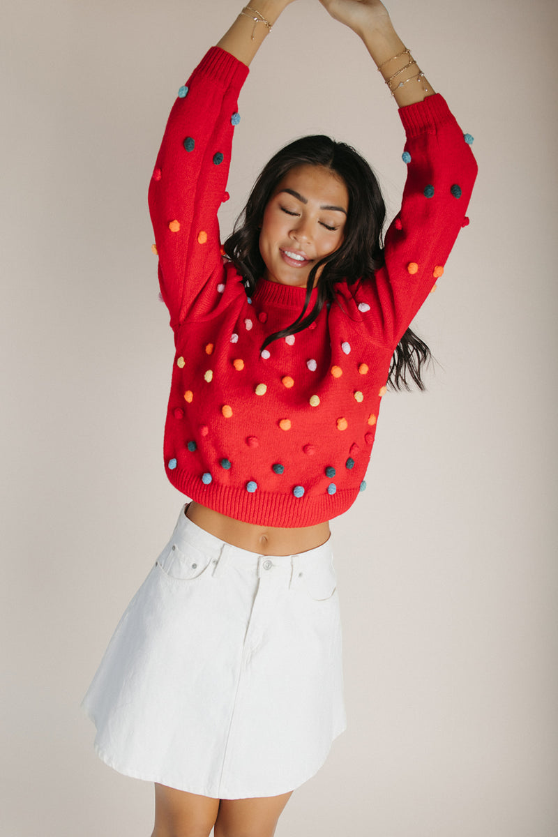The Halls PomPom Knit Sweater in Red