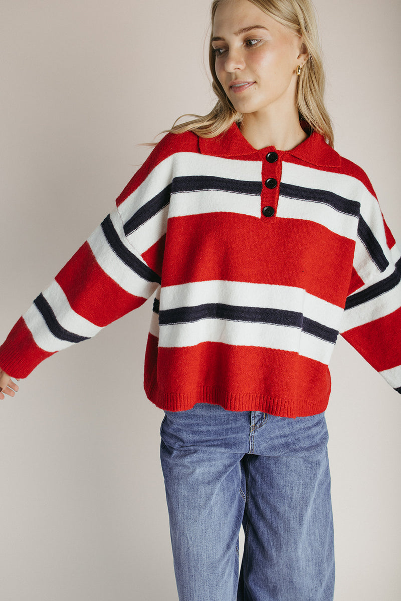 The Stephanie Striped Rugby Sweater in Red+ Navy