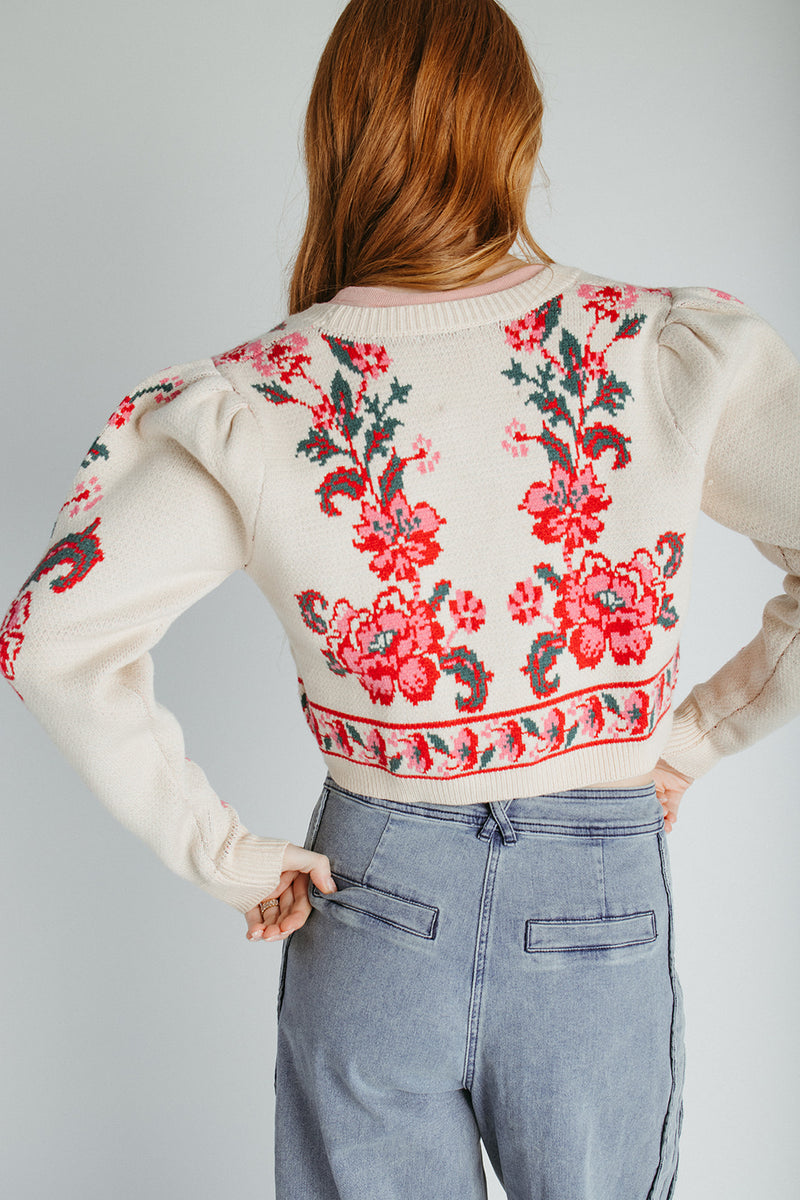 The Callie Floral Cardigan in Ivory + Red