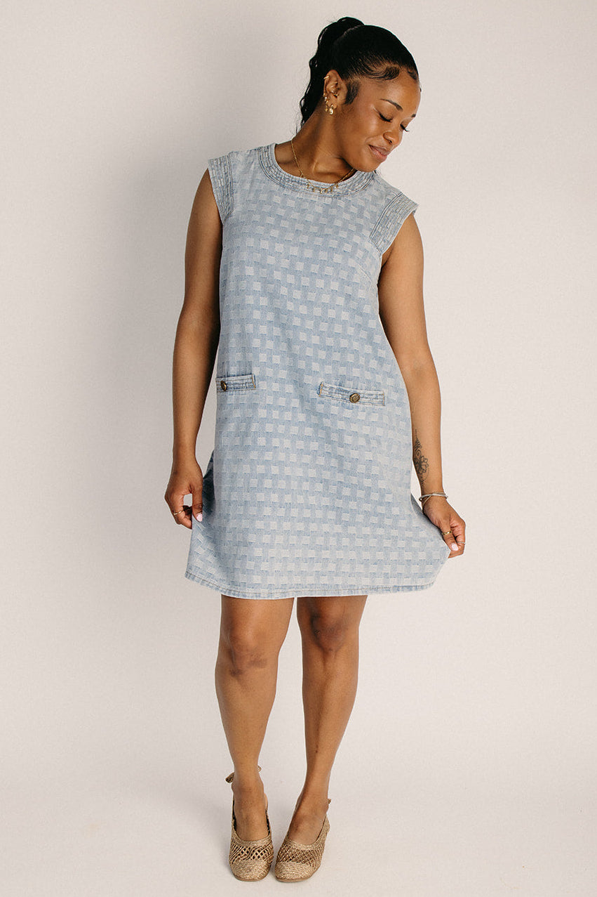 The Dalley Patterned Tank Dress in Denim Small