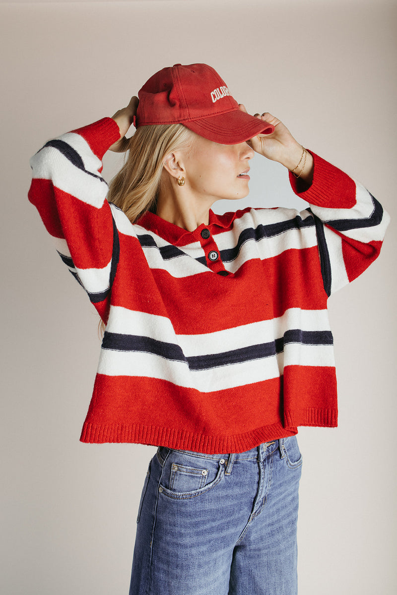 The Stephanie Striped Rugby Sweater in Red+ Navy