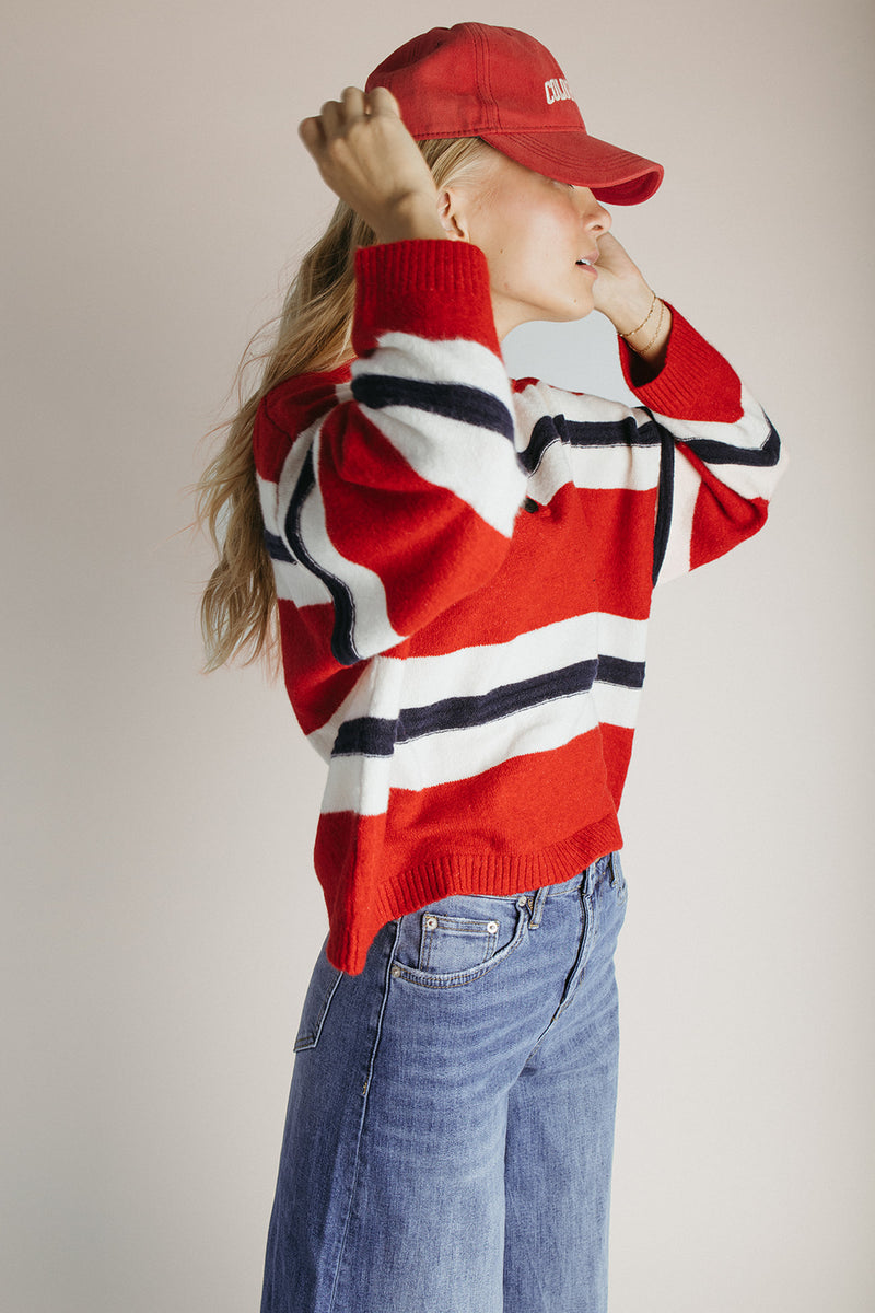 The Stephanie Striped Rugby Sweater in Red+ Navy