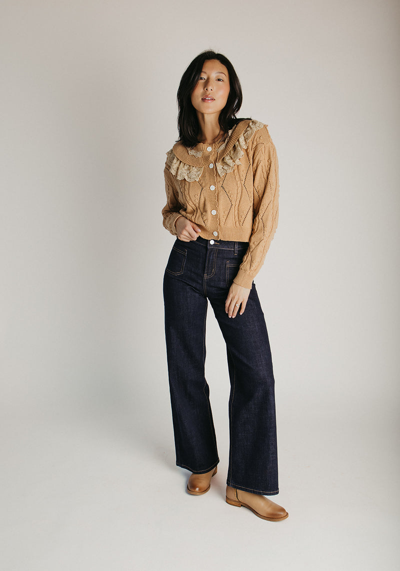 The Hensley Lace Ruffled Cardigan in Brown