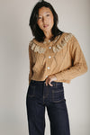 The Hensley Lace Ruffled Cardigan in Brown