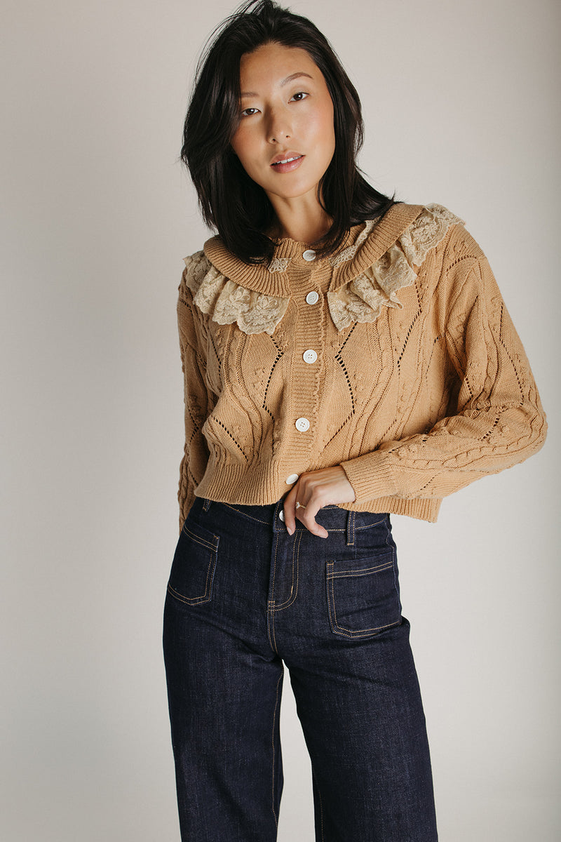 The Hensley Lace Ruffled Cardigan in Brown