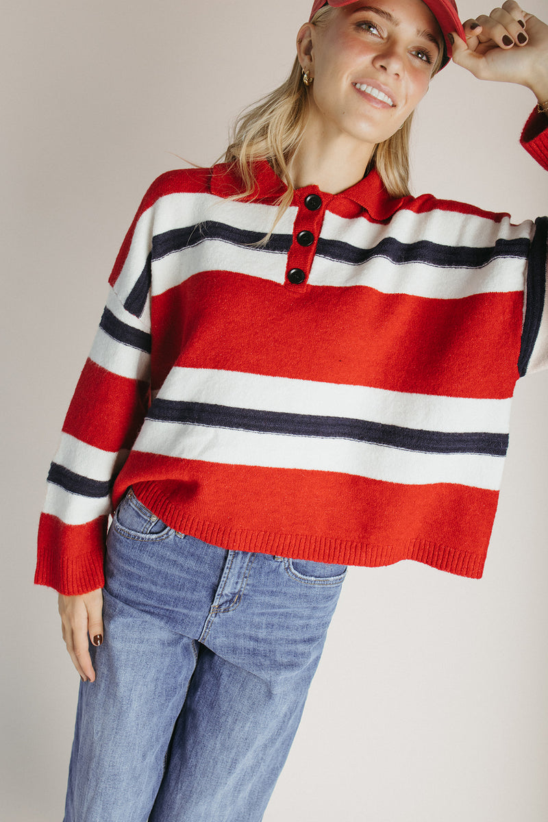 The Stephanie Striped Rugby Sweater in Red+ Navy