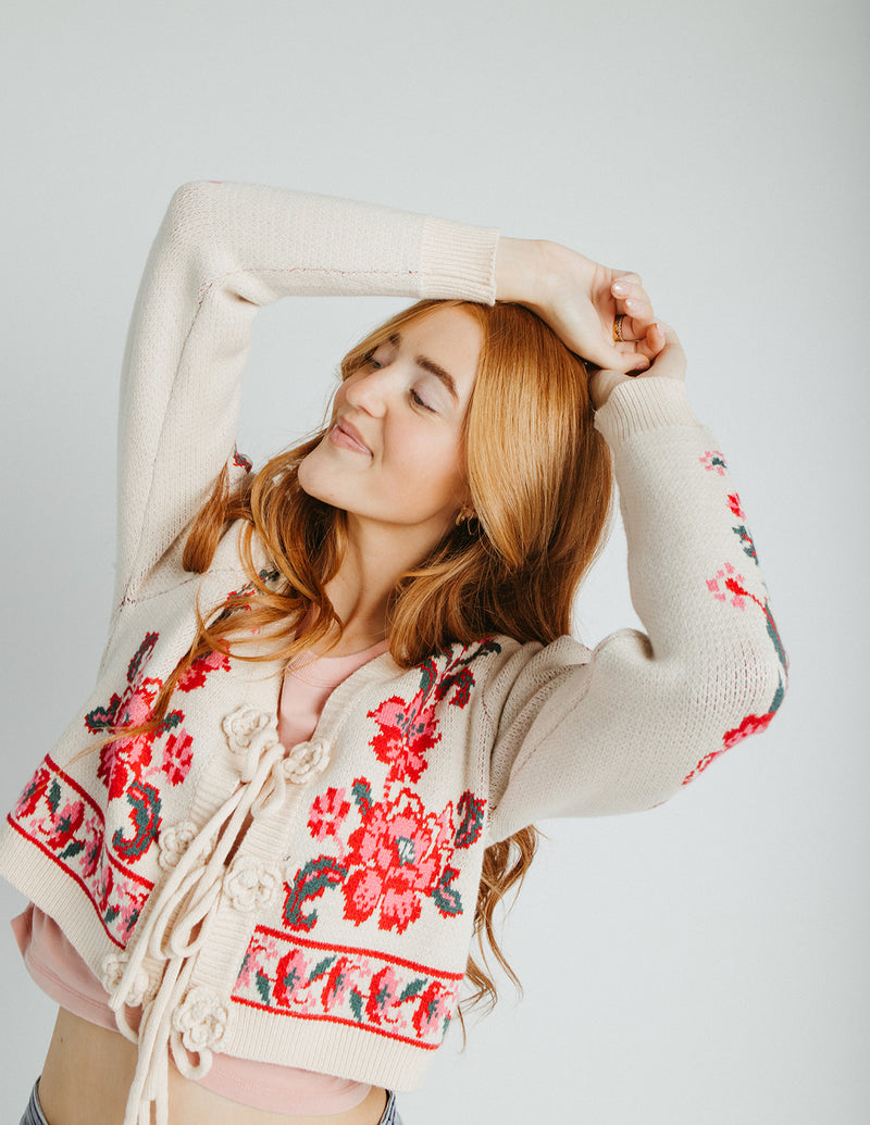The Callie Floral Cardigan in Ivory + Red