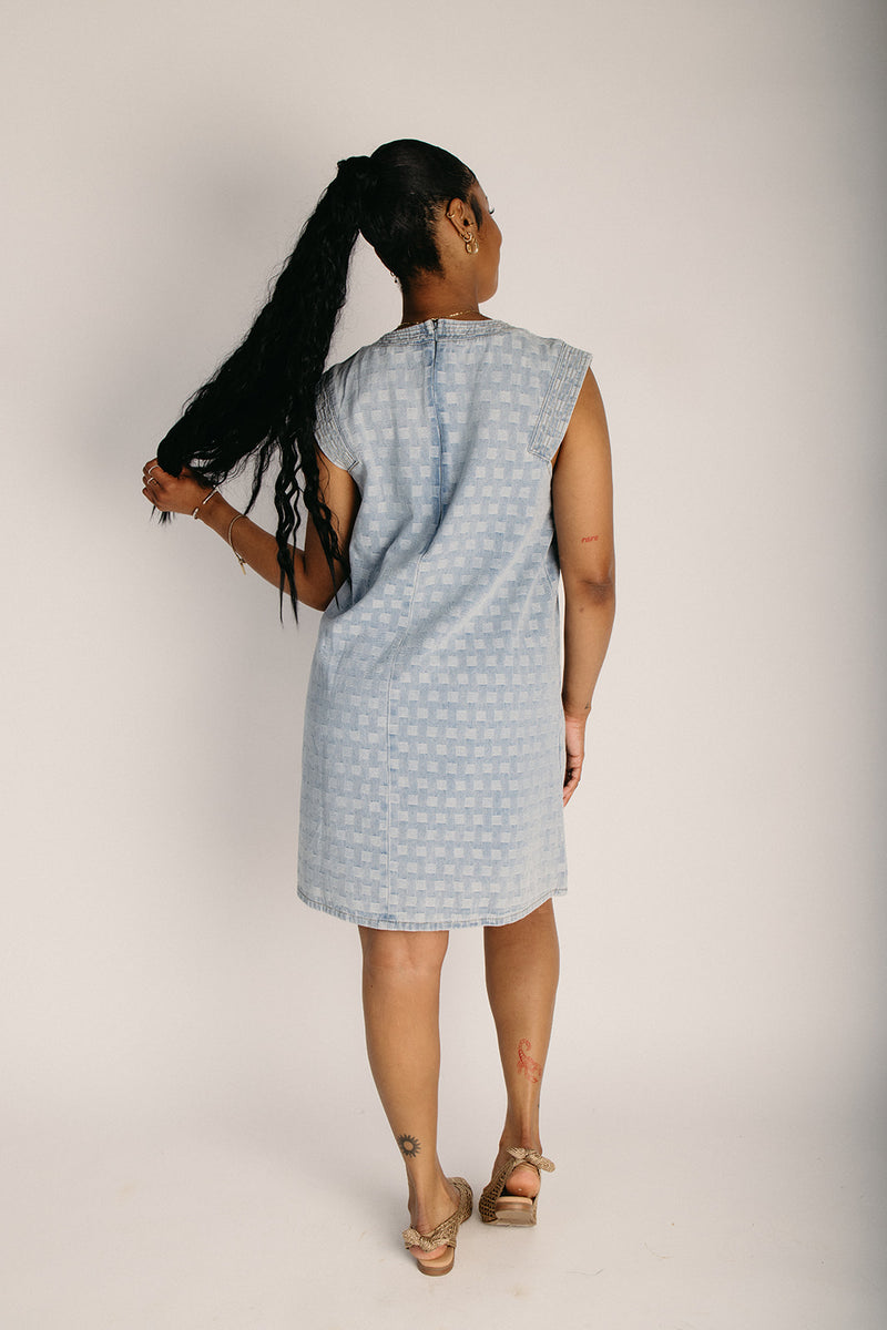 The Dalley Patterned Tank Dress in Denim Small