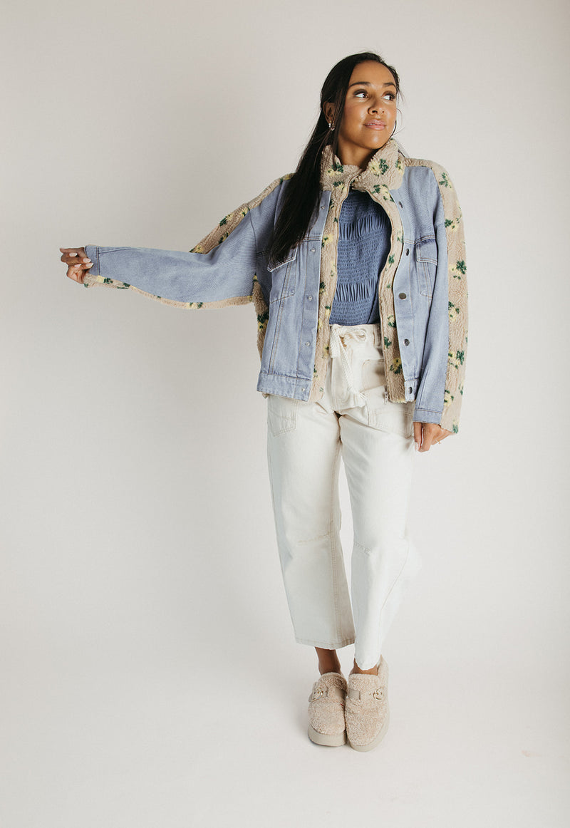 The Sarona Floral Shearling Denim Jacket in Taupe