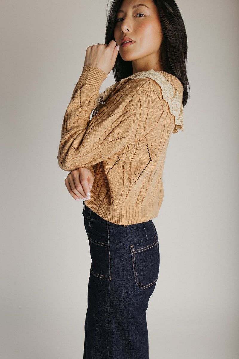 The Hensley Lace Ruffled Cardigan in Brown