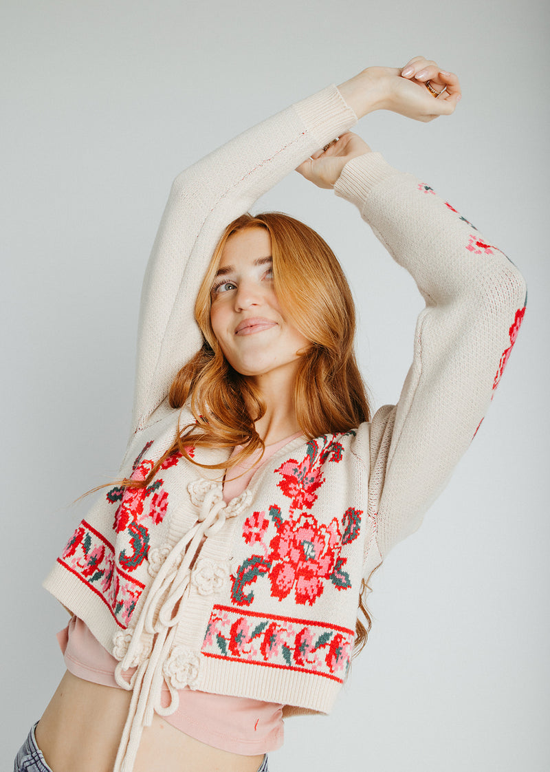 The Callie Floral Cardigan in Ivory + Red