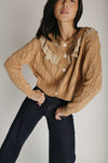 The Hensley Lace Ruffled Cardigan in Brown
