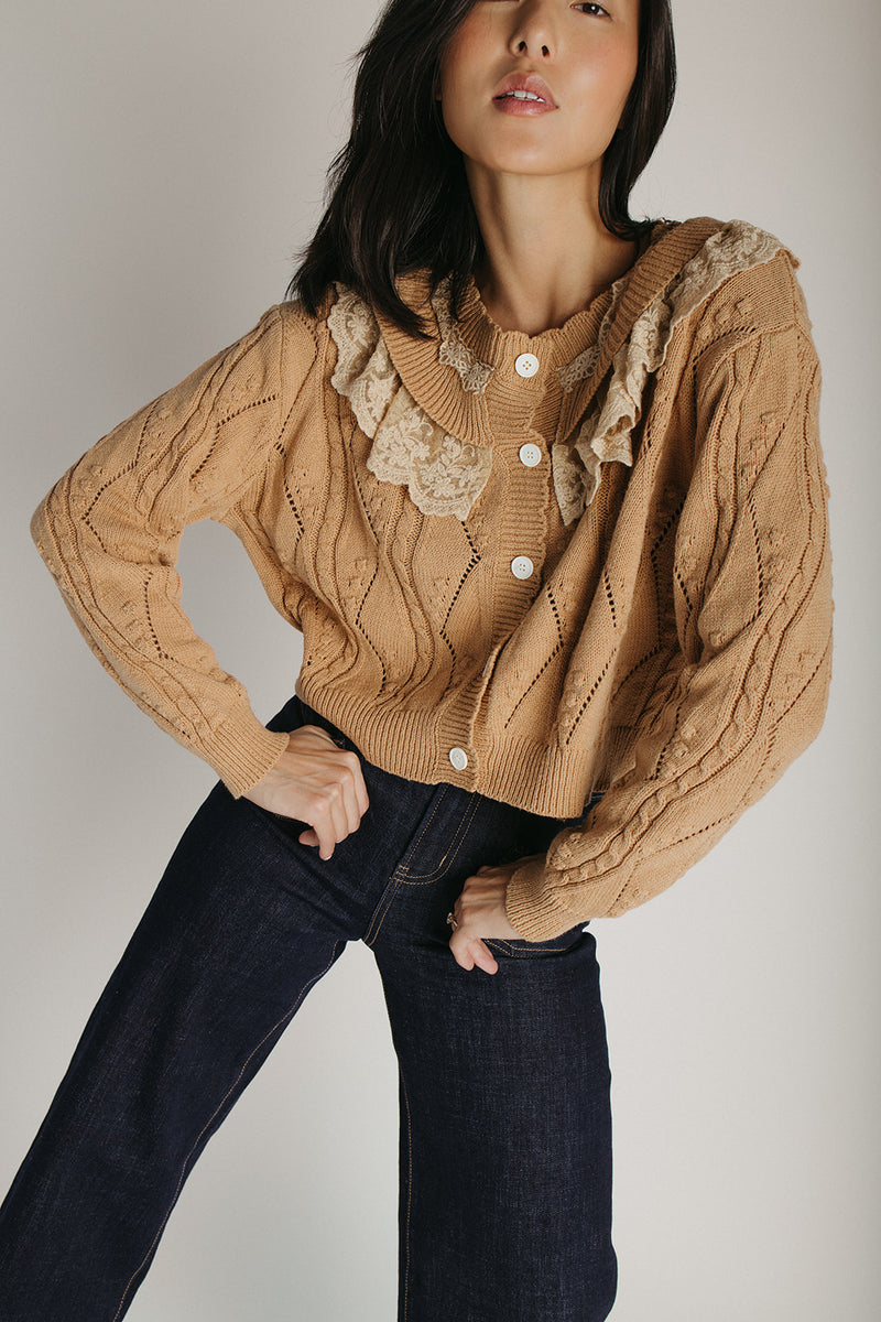 The Hensley Lace Ruffled Cardigan in Brown