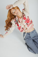 The Callie Floral Cardigan in Ivory + Red