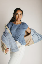 The Sarona Floral Shearling Denim Jacket in Taupe