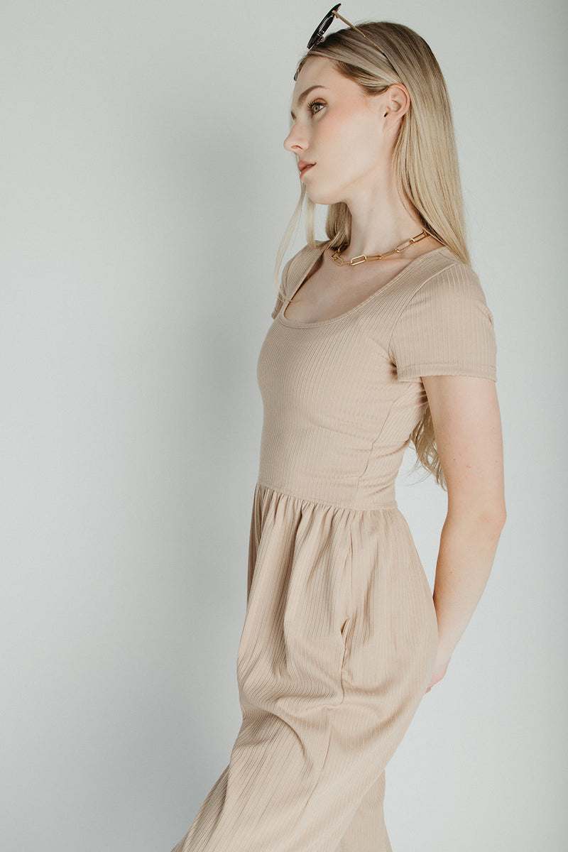 The Vecina Ribbed Jumpsuit in Tan