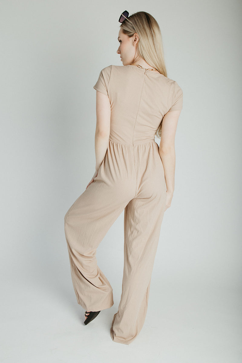 The Vecina Ribbed Jumpsuit in Tan