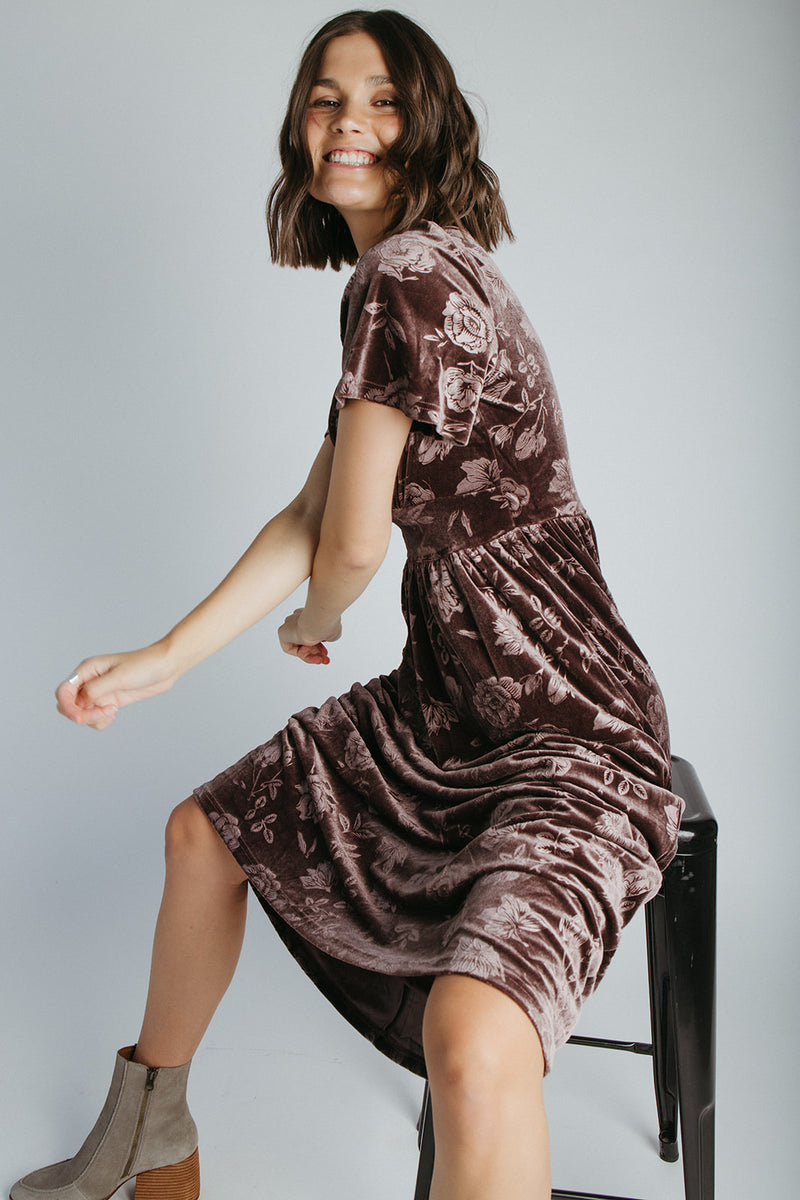 brown velvet floral dress Necali Velvet Midi Dress