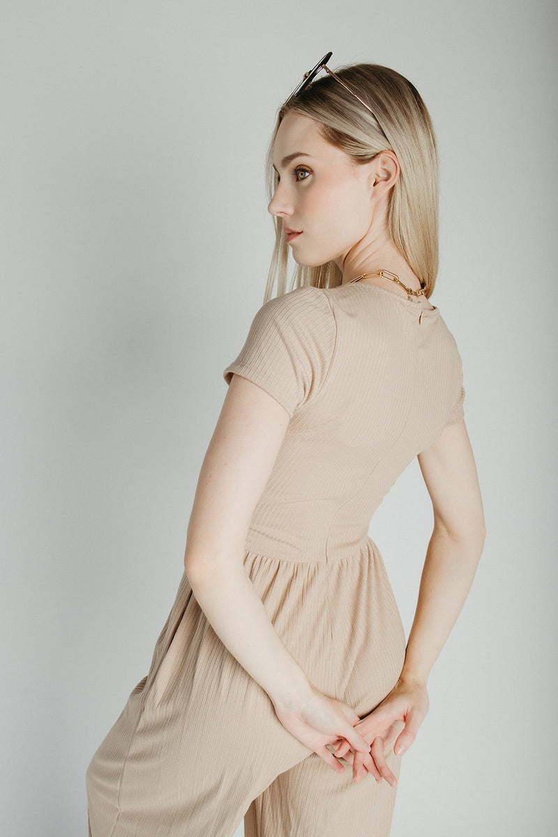 The Vecina Ribbed Jumpsuit in Tan