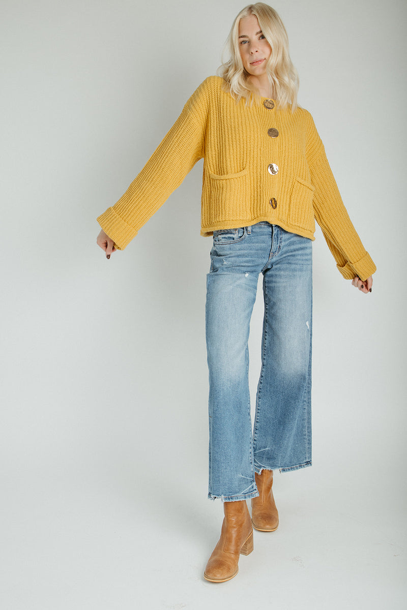 The Jeanette Button Front Cardigan in Mustard