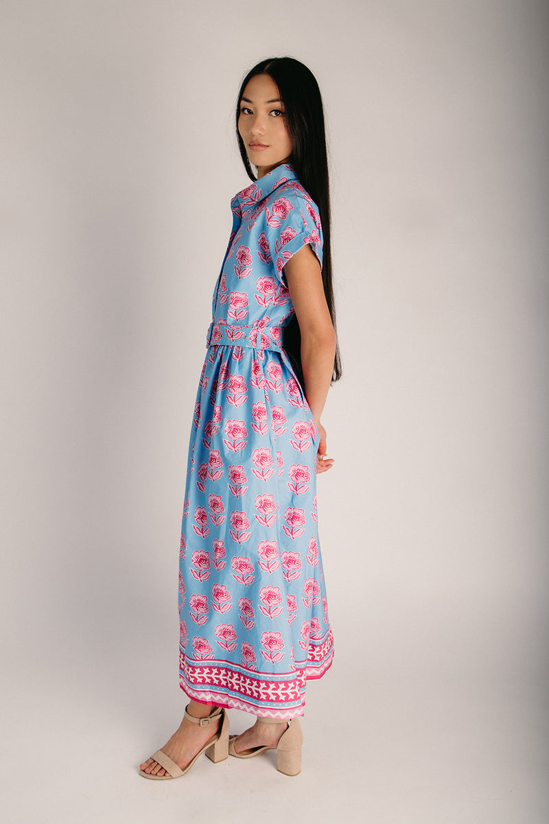 The Gloria Flower Detail Midi Dress in Blue Medium The Gloria Flower Detail Midi Dress in Blue Medium