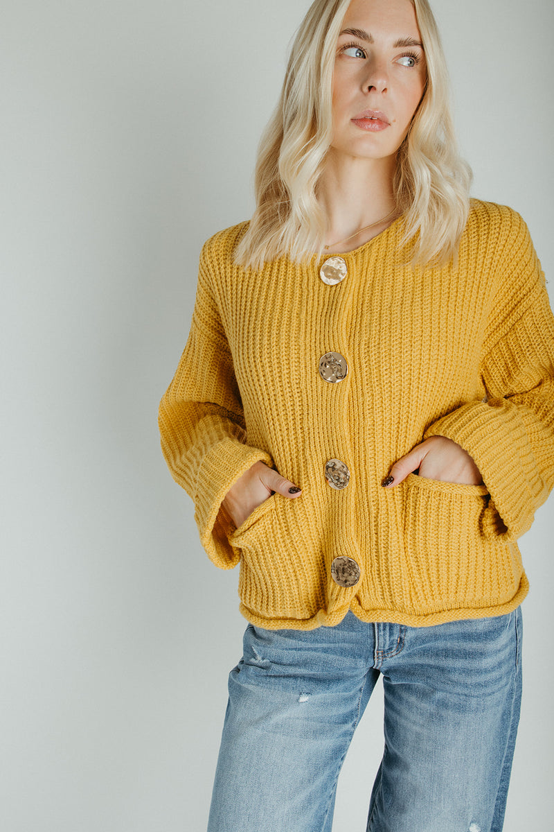 The Jeanette Button Front Cardigan in Mustard