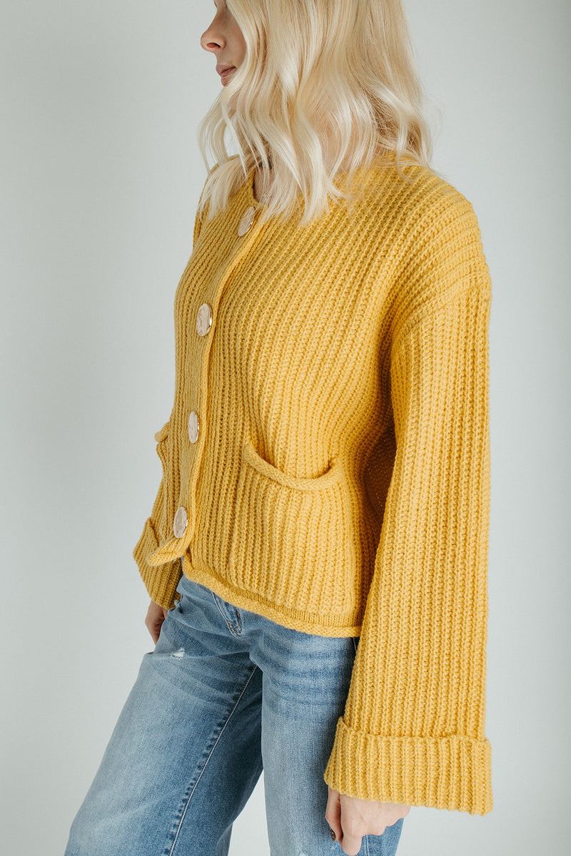 The Jeanette Button Front Cardigan in Mustard