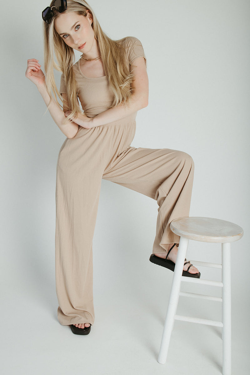 The Vecina Ribbed Jumpsuit in Tan