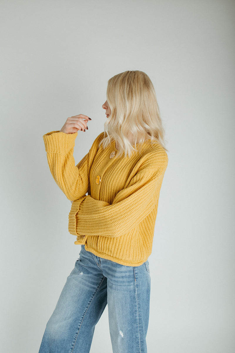 The Jeanette Button Front Cardigan in Mustard
