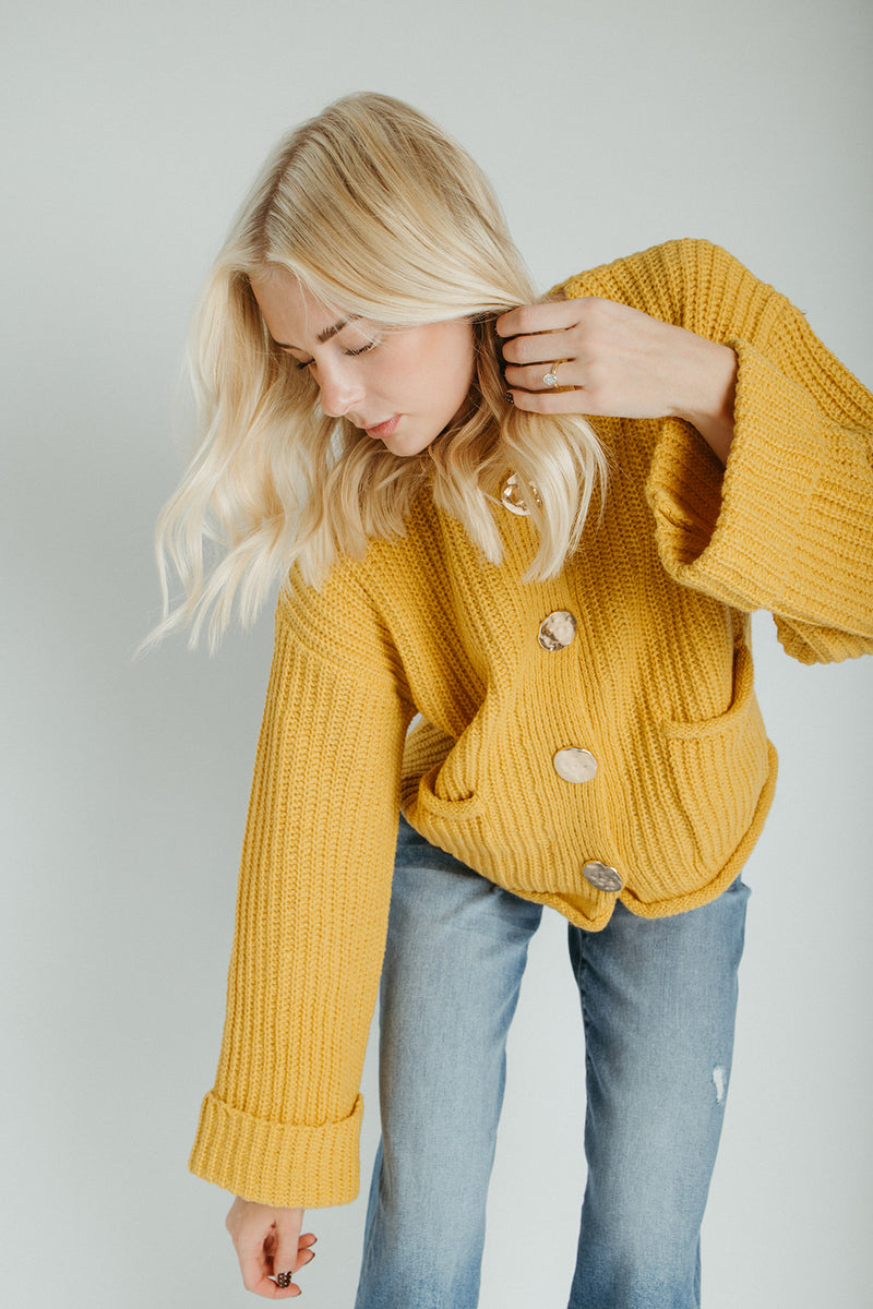 The Jeanette Button Front Cardigan in Mustard