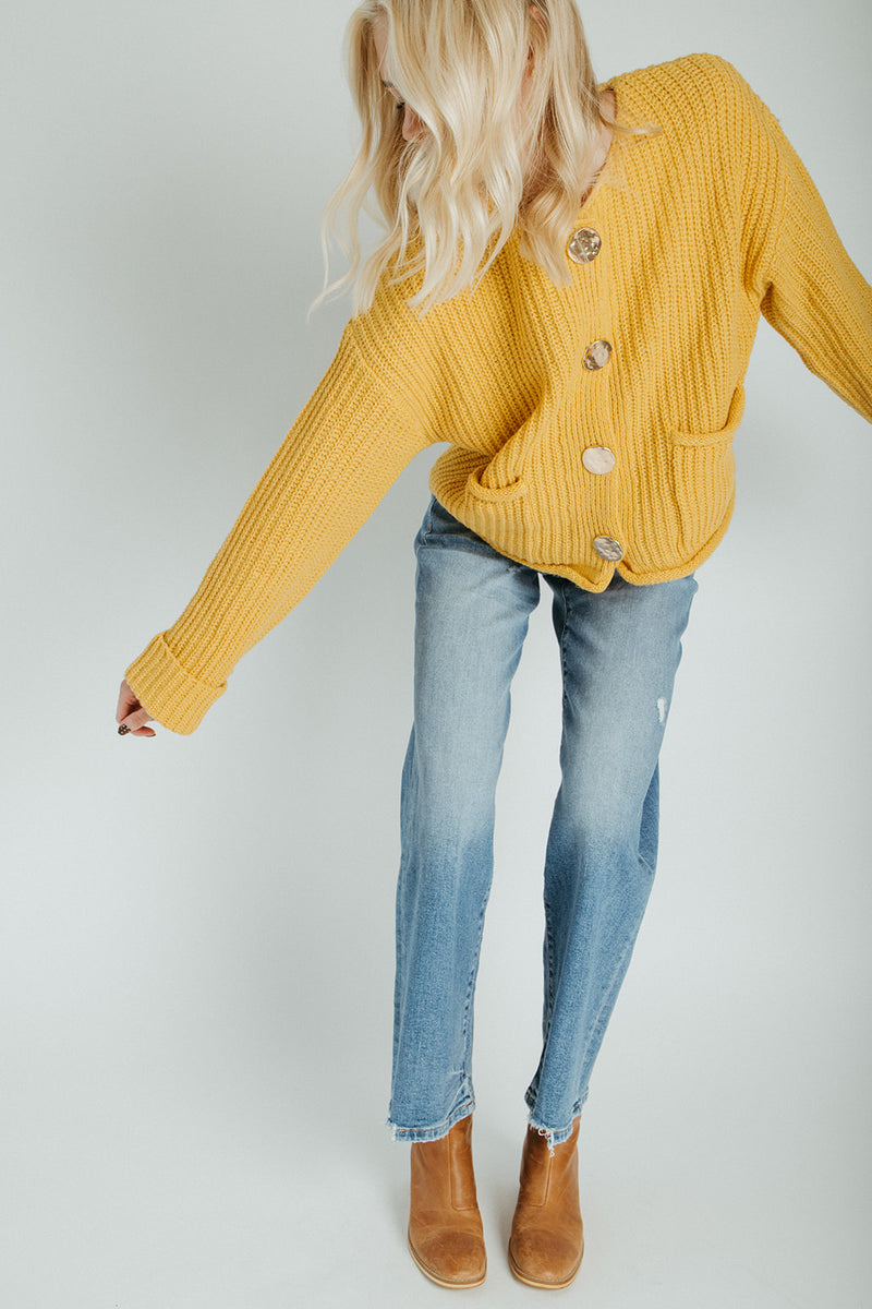 The Jeanette Button Front Cardigan in Mustard
