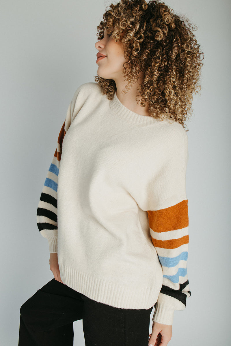 The Kenmore Crew Neck Sweater  in Ivory + Stripe