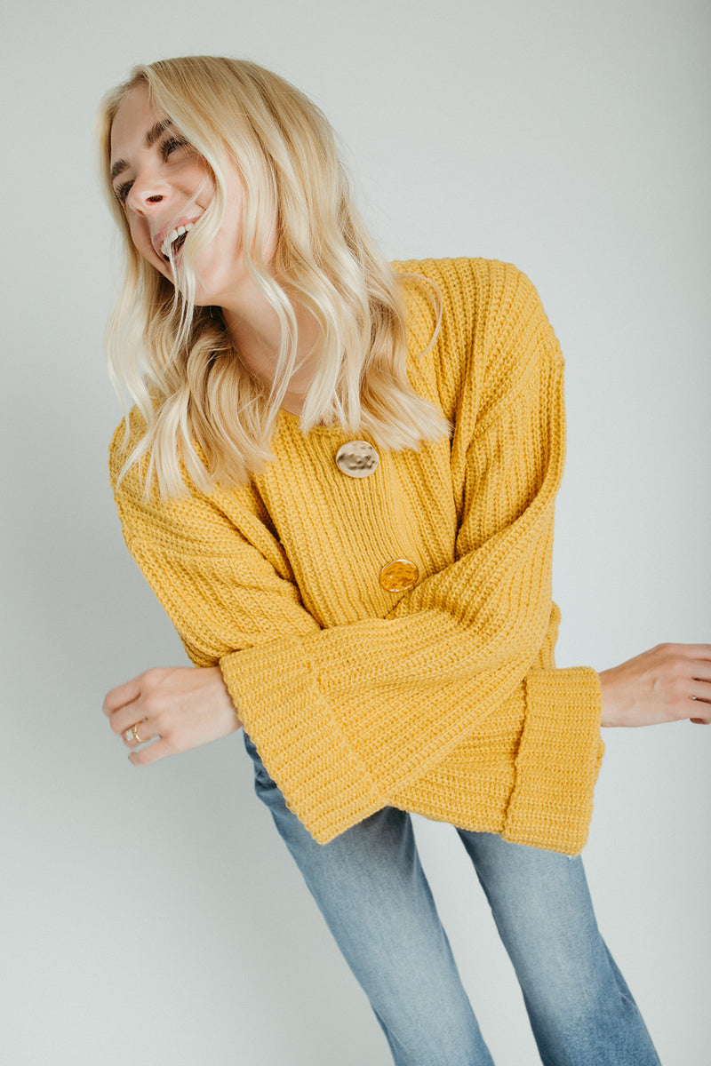The Jeanette Button Front Cardigan in Mustard