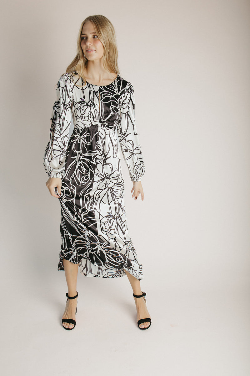 The Paulina Contrast Floral Maxi Dress in Black + White