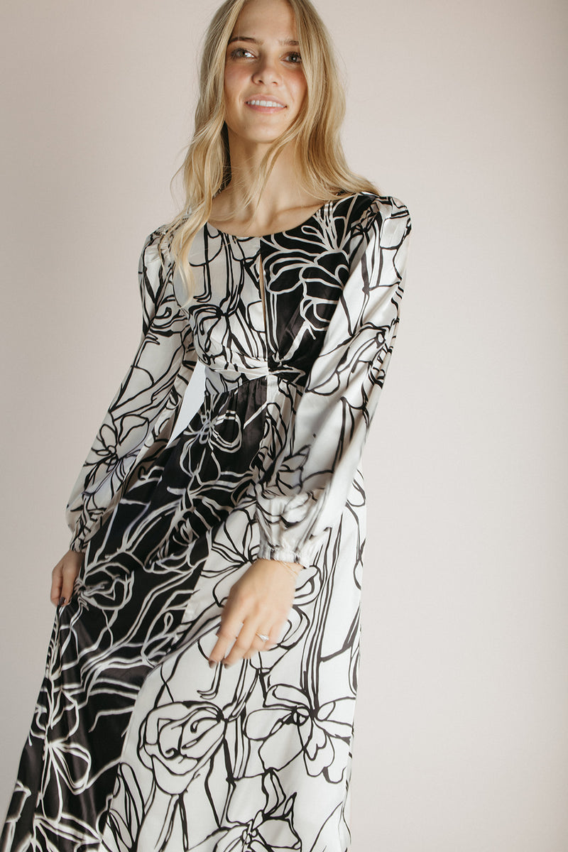 The Paulina Contrast Floral Maxi Dress in Black + White