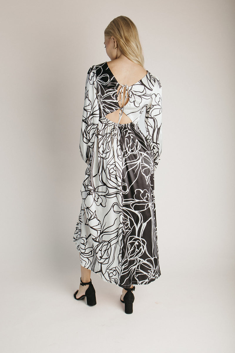 The Paulina Contrast Floral Maxi Dress in Black + White