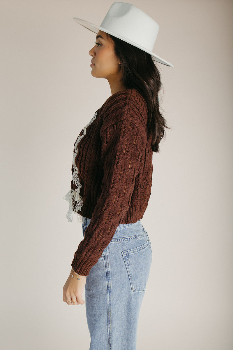The Vernon Lace Detail Cardigan in Brown