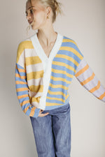 The Tiani Asymmetrical Button-Up Cardigan in Multi Stripe