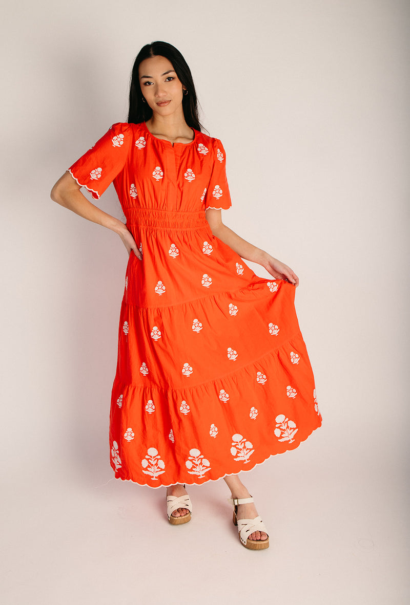 The Lundell Embroidered Maxi Dress in Tomato – Piper & Scoot